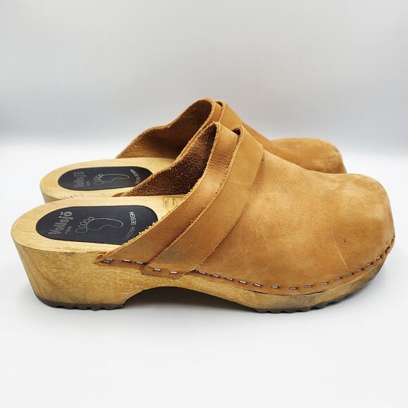 Vollsjo Original Tan Genuine Leather Wooden Clogs Swedish Design Handmade Sz 40 - Picture 2 of 9